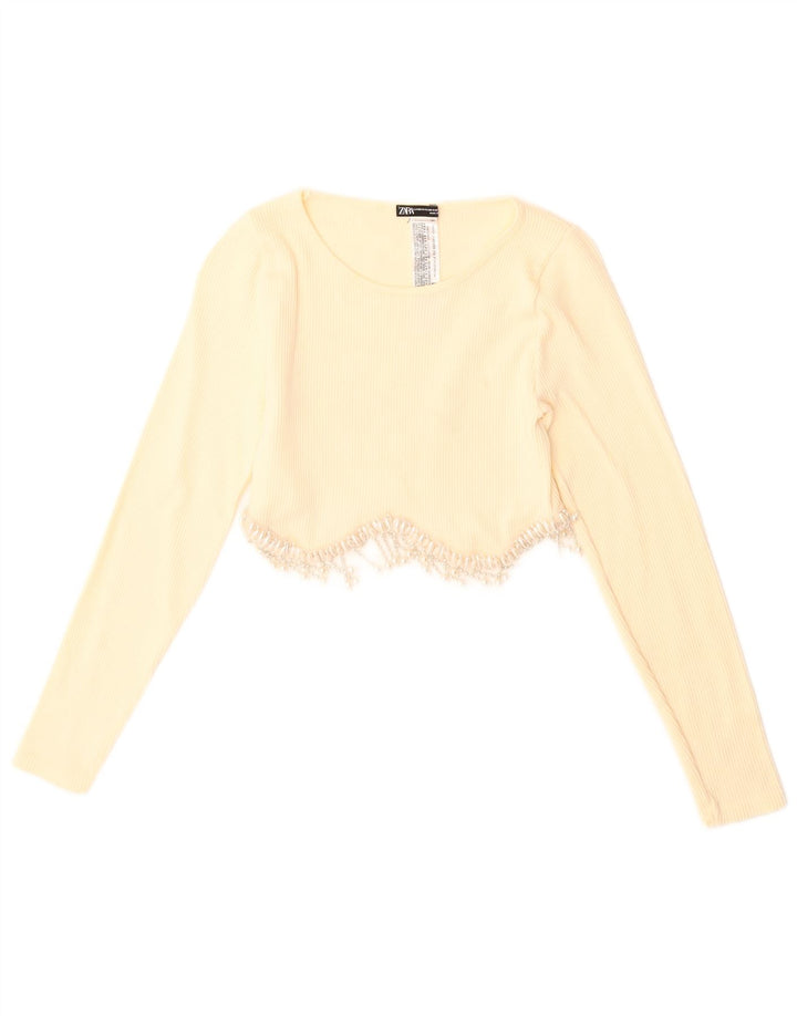 Zara Mujer Crop Top Manga Larga UK 4 XS Amarillo Poliamida