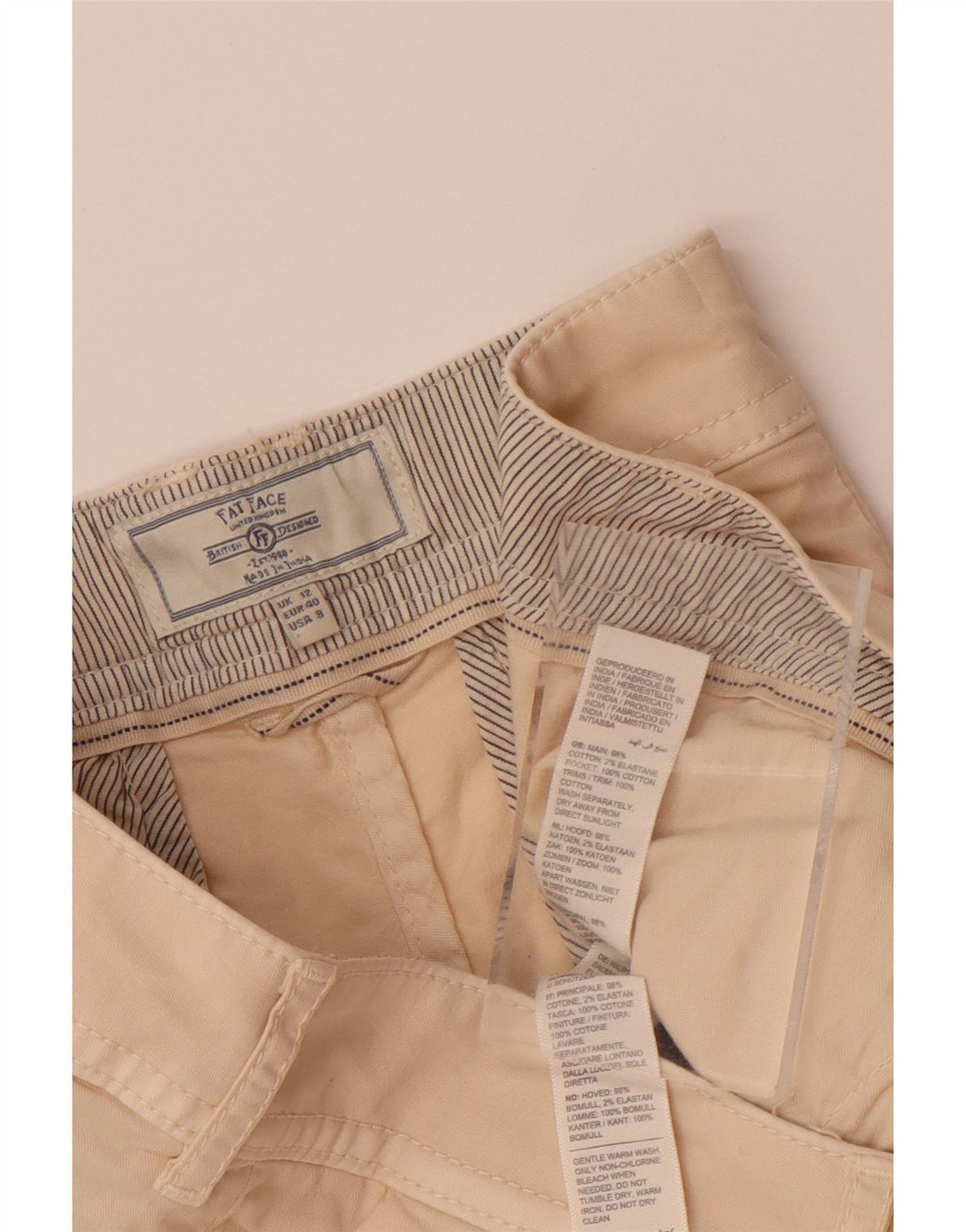 FAT FACE Pantalones cortos chinos de cintura alta para mujer UK 12 Medium W32 Algodón beige