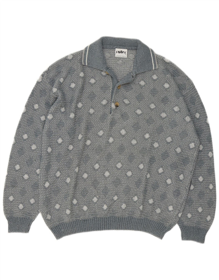 Vintage hombres polo cuello jersey suéter grande gris geométrico