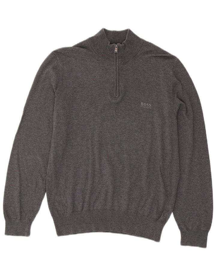 Hugo Boss Jersey con cuello y cremallera para hombre, suéter pequeño de algodón gris