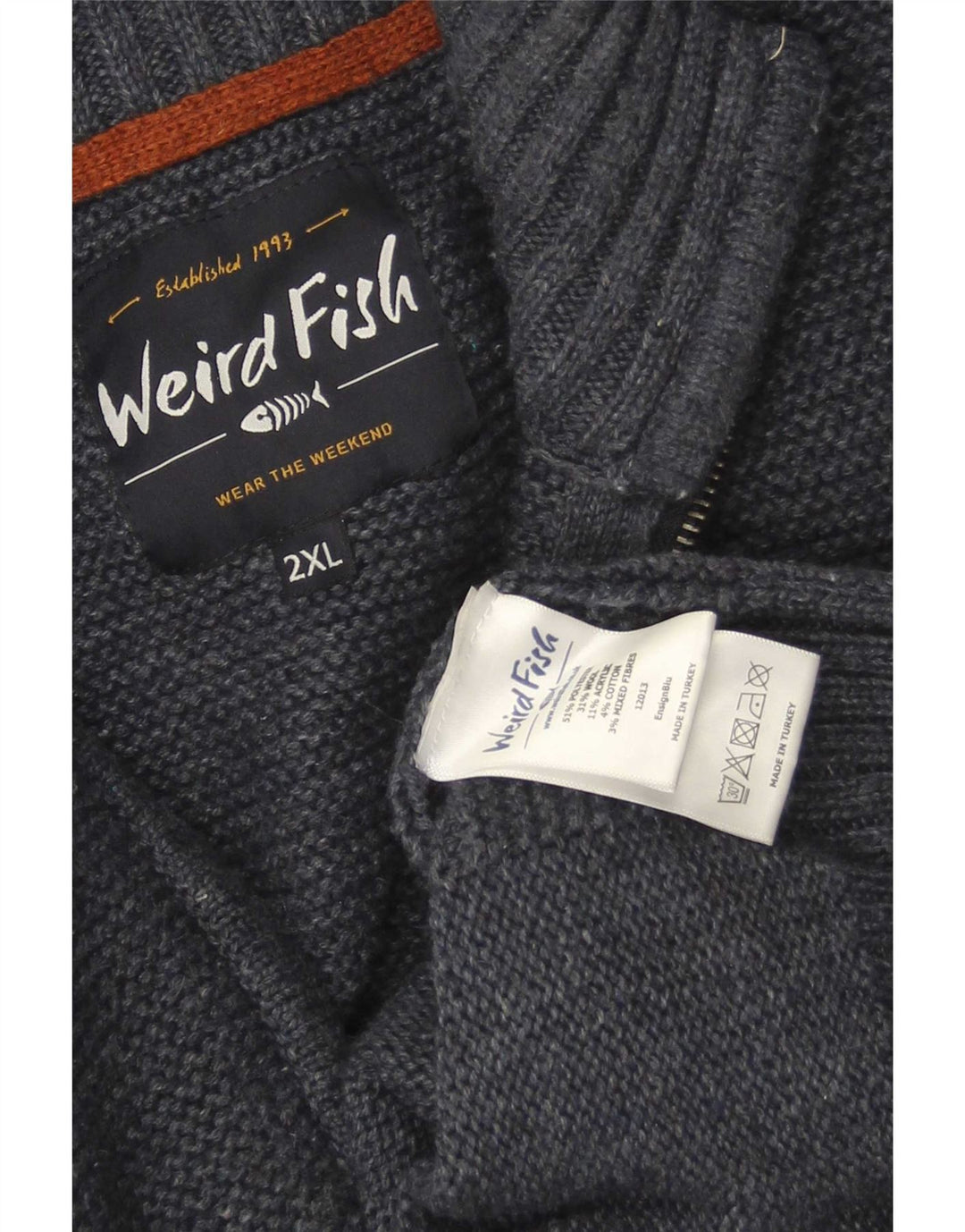 Weird Fish Suéter tipo jersey con cuello y cremallera para hombre 2XL Poliéster azul marino