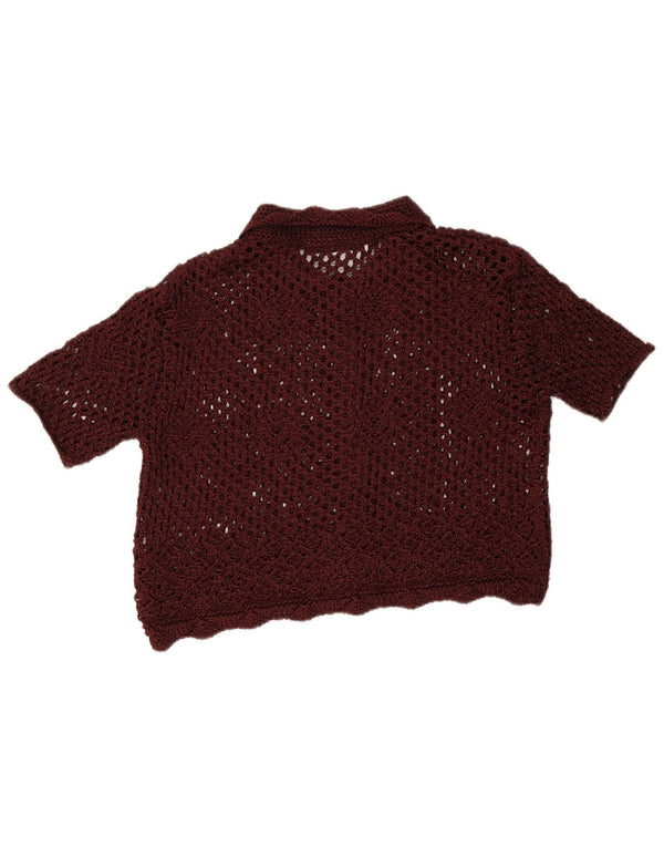 Zara Blusa corta de crochet de manga corta para mujer UK 46 Large Borgoña