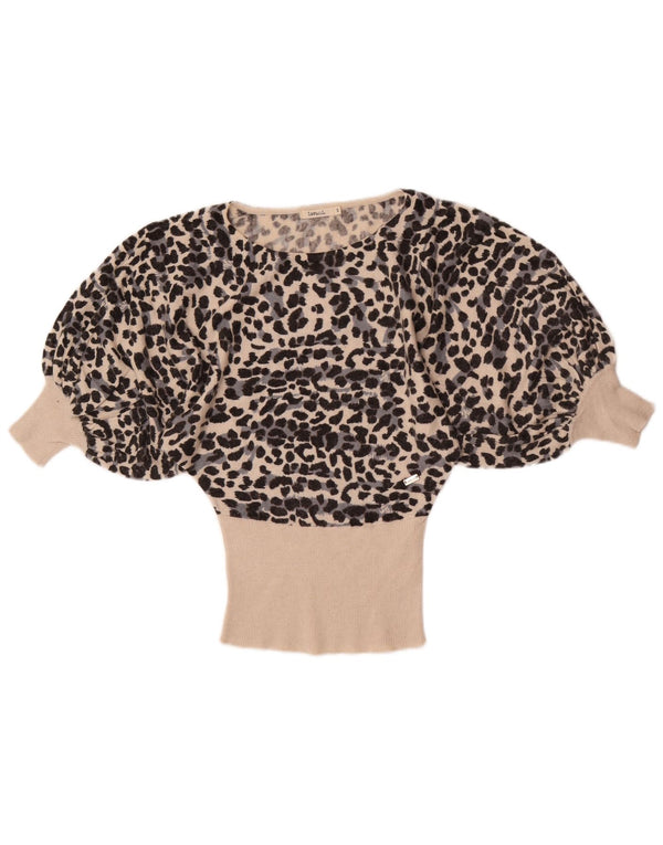 Vintage mujer 3/4 manga blusa Top Reino Unido 10 pequeño beige animal impresión viscosa