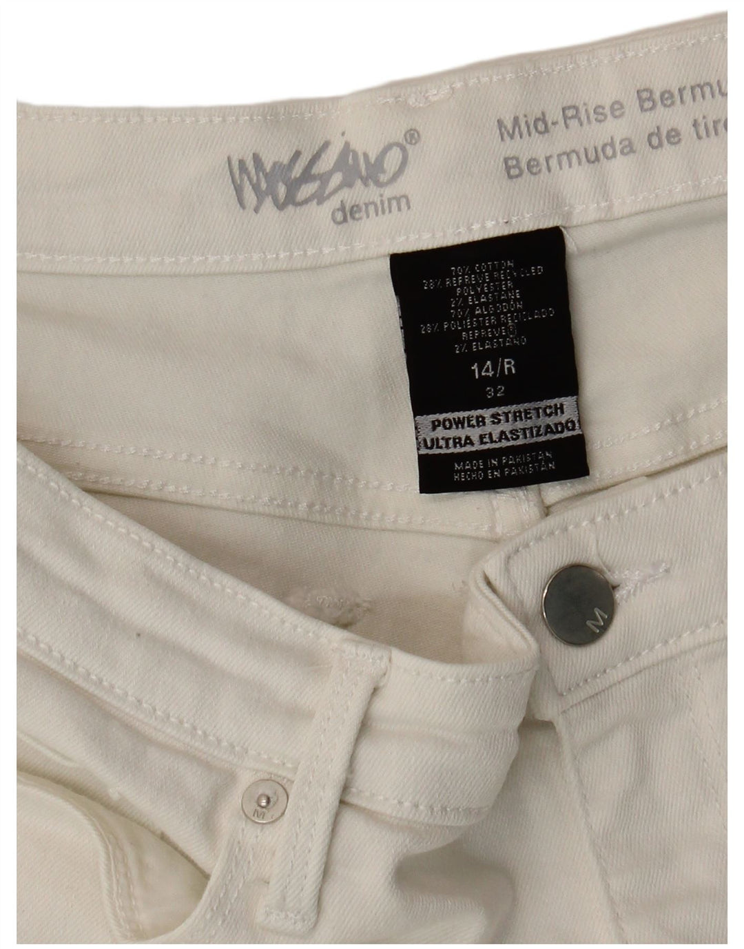 Mossimo Bermudas de tiro medio para mujer, pantalones cortos de mezclilla US 14 grande W32 algodón blanco