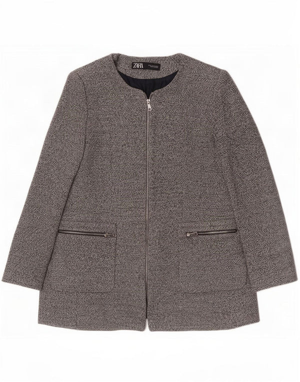 Zara Mujer Chaqueta Blazer Con Cremallera Completa UK 40 XL Algodón Gris Espiga