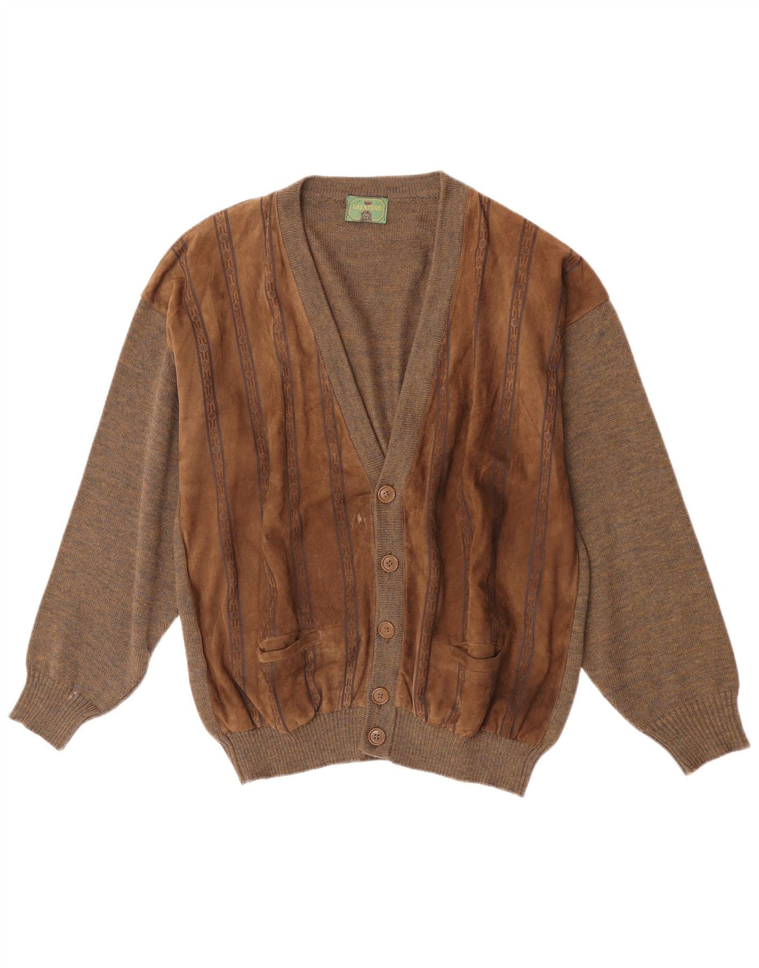 Vintage hombres ante cardigan suéter grande marrón lana geométrica