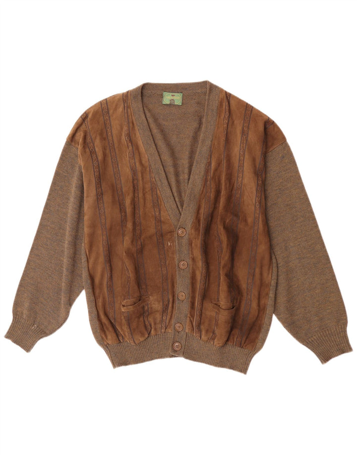 Vintage hombres ante cardigan suéter grande marrón lana geométrica