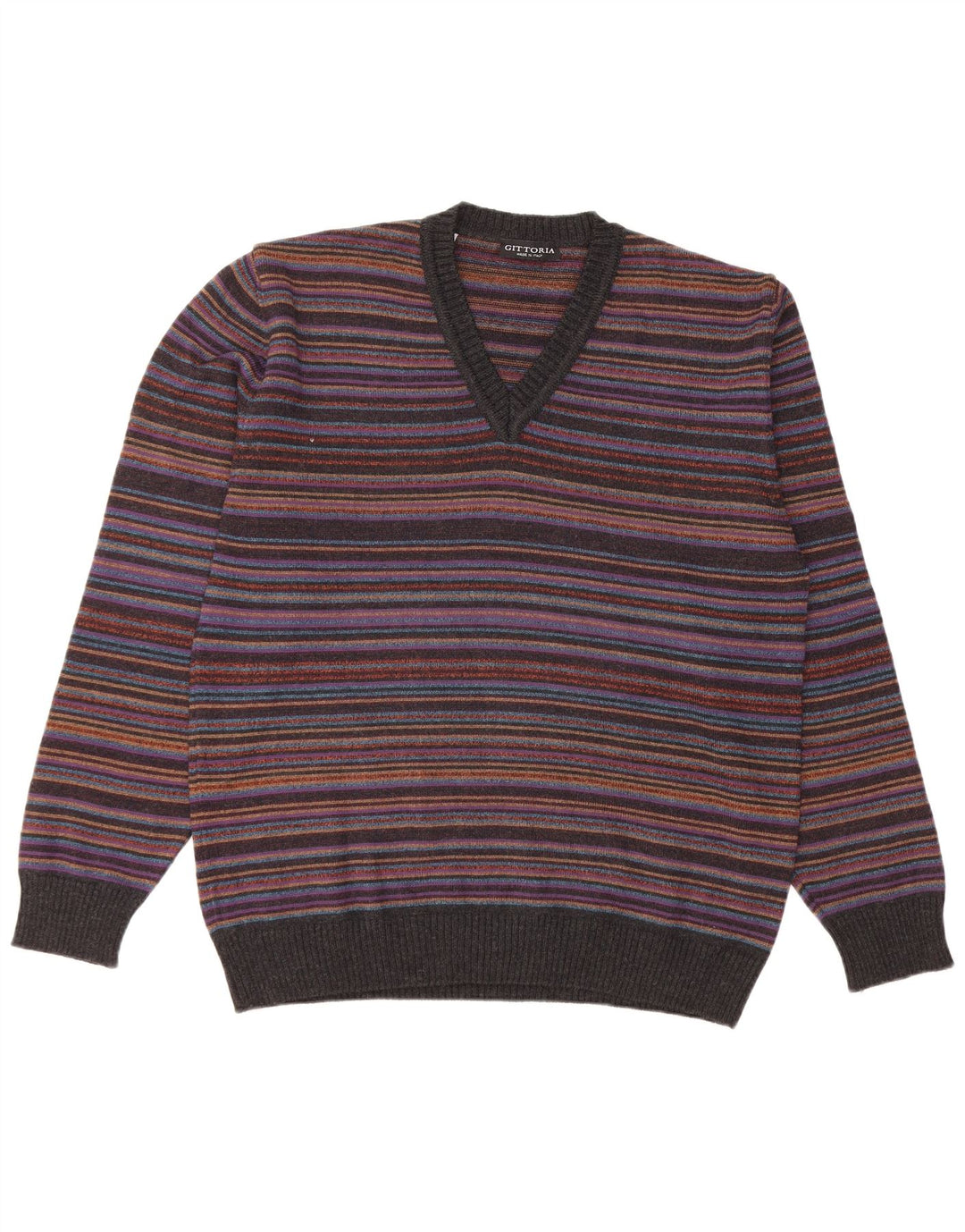 VINTAGE Jersey con cuello en V para hombre IT 52 Lana a rayas multicolor grande