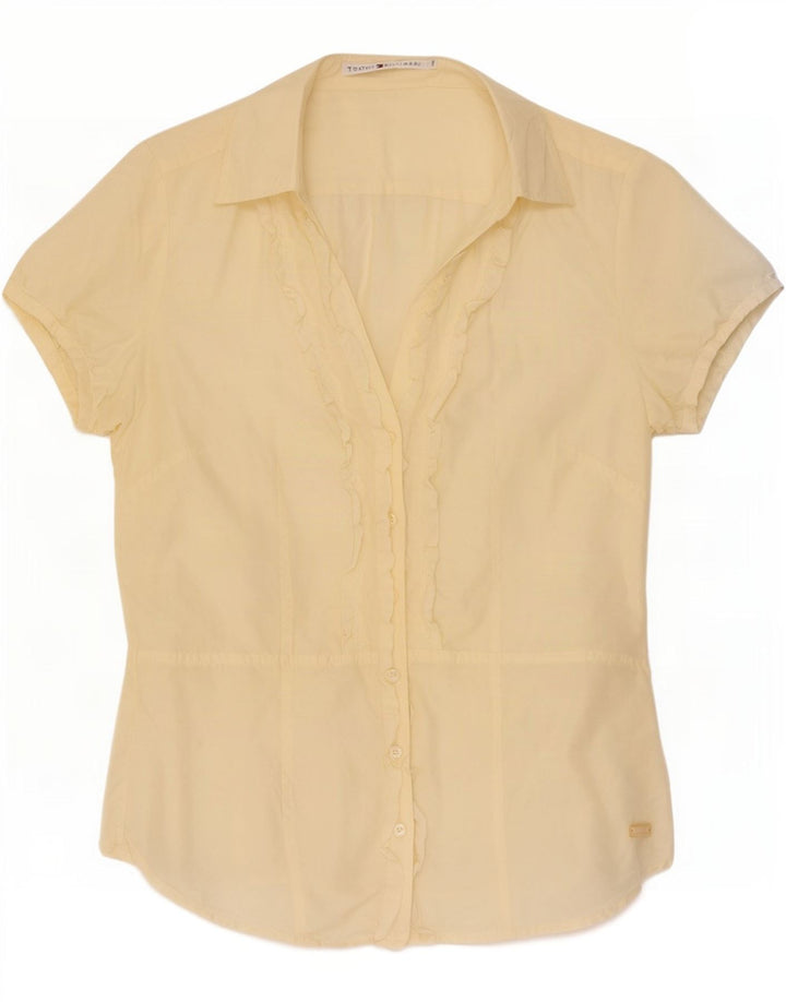 Tommy Hilfiger Camisa de Manga Corta con Volantes en la Parte Delantera para Mujer US 8 Amarillo Mediano
