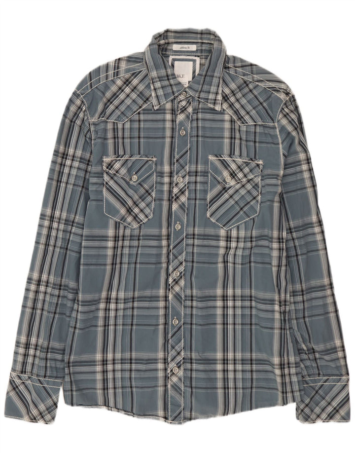 BKE Camisa atlética para hombre de algodón a cuadros azul medio