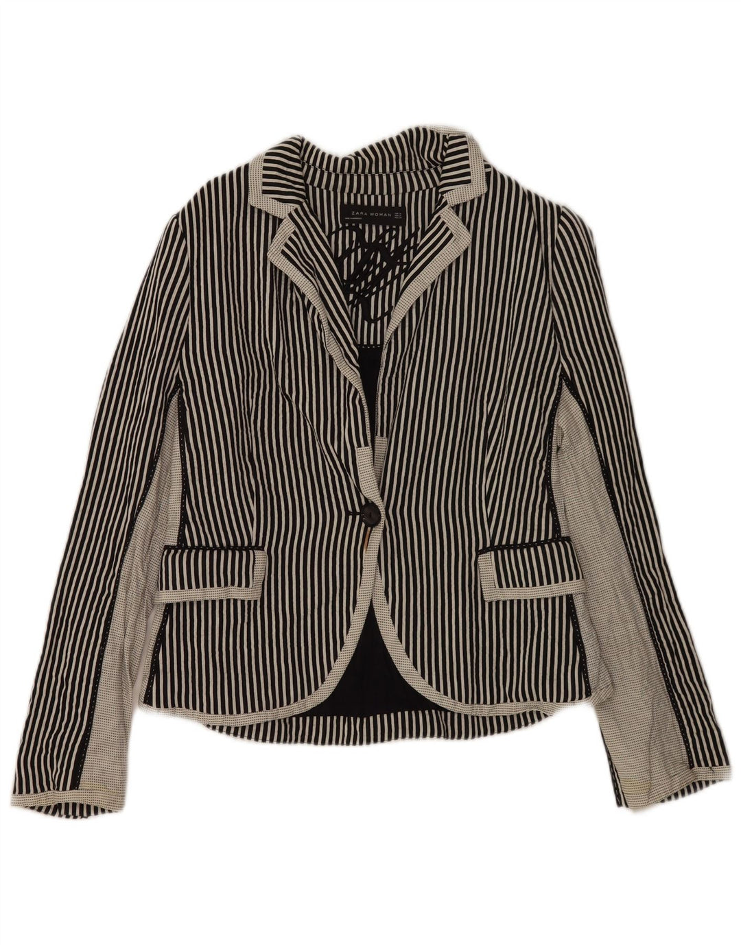 Zara Mujer Chaqueta Blazer De 1 Botón UK 40 XL Algodón A Rayas Negro