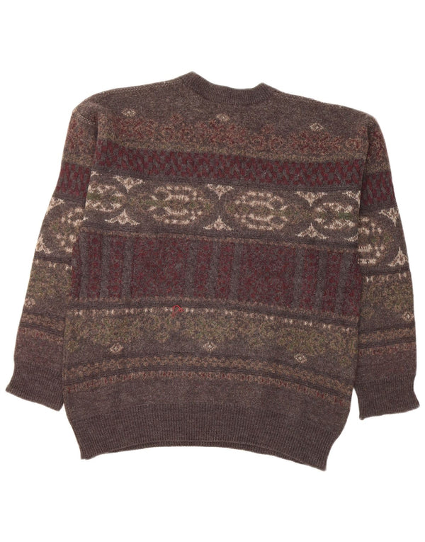 Vintage hombres cuello redondo jersey suéter grande gris feria isla lana