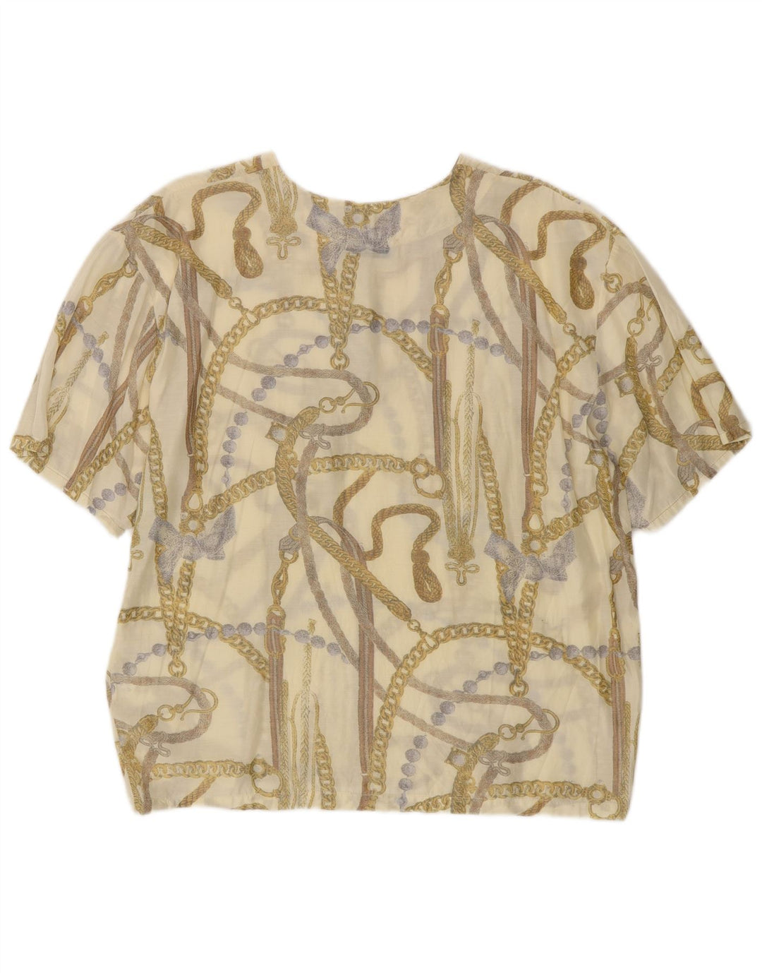VINTAGE Mujer Patrón Abstracto Blusa Top Reino Unido 16 Acrílico Beige Grande