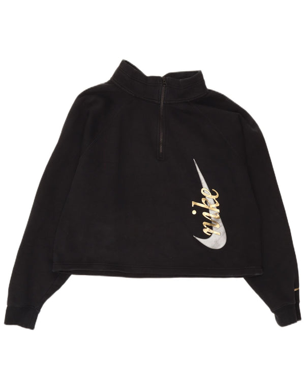 Nike Mujer Crop Graphic Zip Neck Sudadera Jumper UK 40 XL Algodón Negro