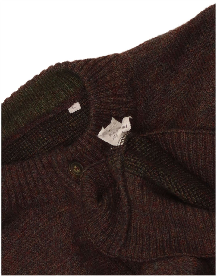 Vintage hombres gráfico botón cuello jumper suéter grande marrón acrílico
