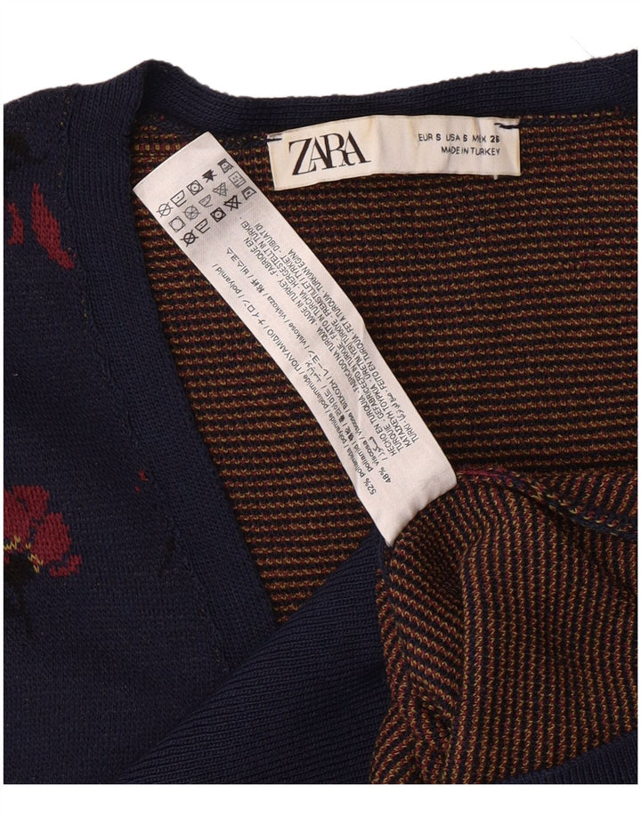 ZARA Mujer Crop Cardigan Suéter UK 10 Small Azul Marino Floral Poliamida