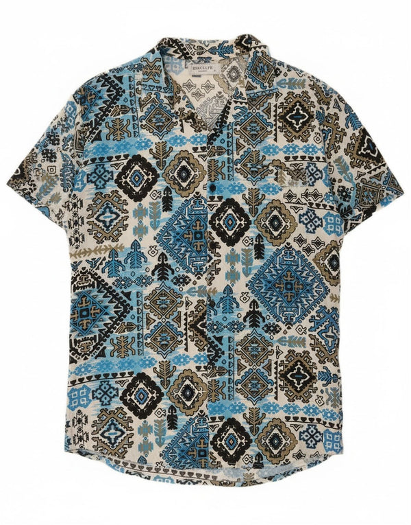 Vintage hombres camisa de manga corta grande azul Ikat Rayon