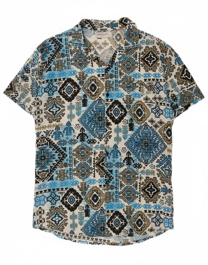 Vintage hombres camisa de manga corta grande azul Ikat Rayon