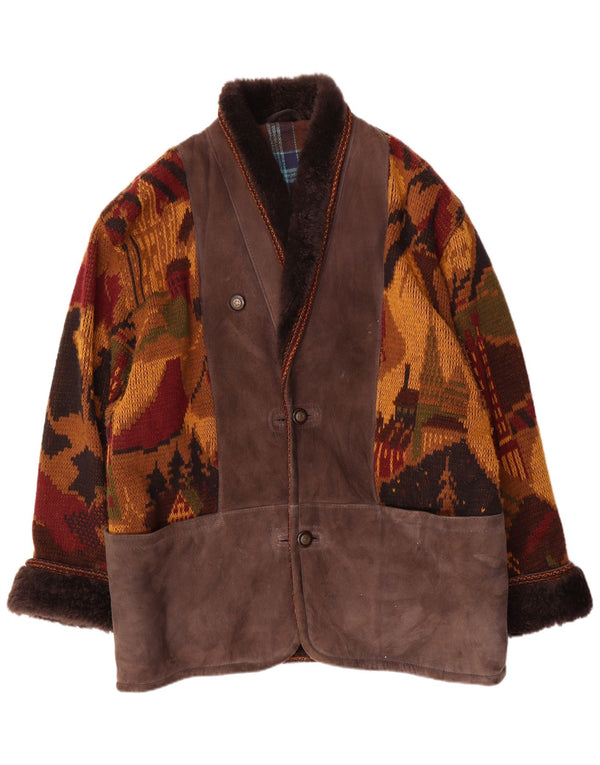 Vintage hombres punto shearling chaqueta IT 54 2XL marrón shearling novedad