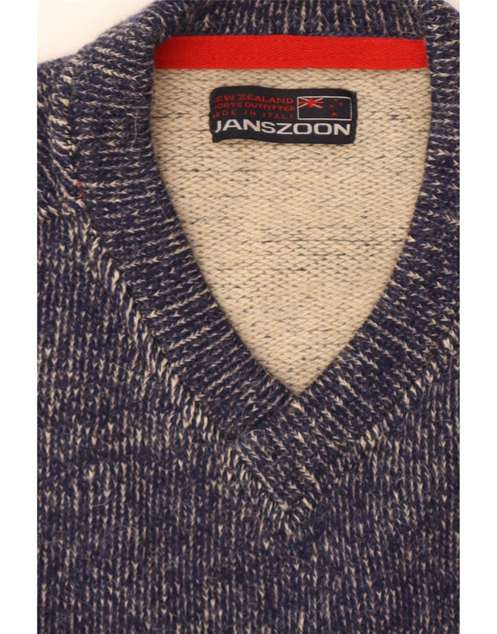 Vintage hombres gráfico cardigan suéter medio azul marino