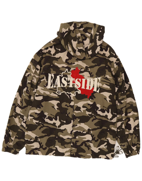 Vintage hombres gráfico con capucha Anorak chaqueta Reino Unido 42 XL caqui camuflaje algodón