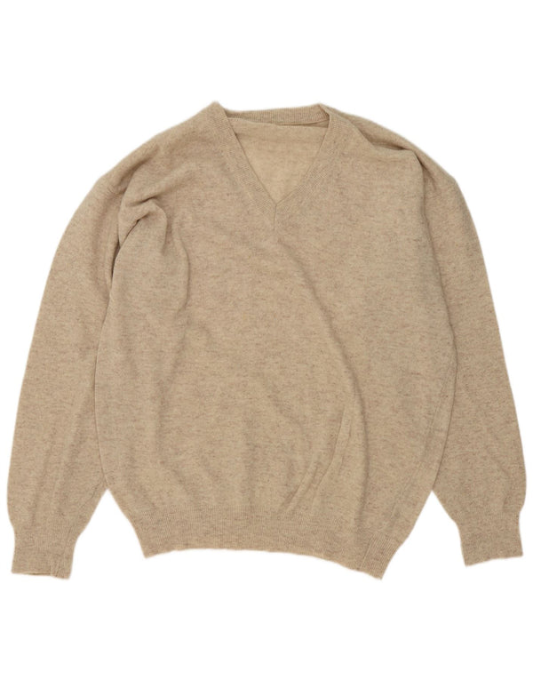 Vintage hombres V-cuello jumper suéter grande beige moteado lana