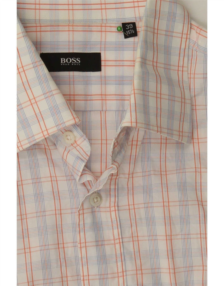 Hugo Boss Camisa de manga corta para hombre Talla 39 15 1/2 Algodón a cuadros blanco mediano