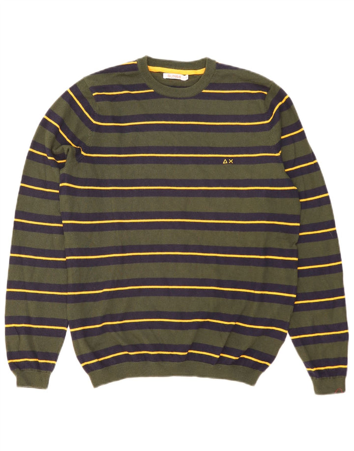 Sun68 - Jersey de cuello redondo para hombre, color verde, pequeño, de lana a rayas