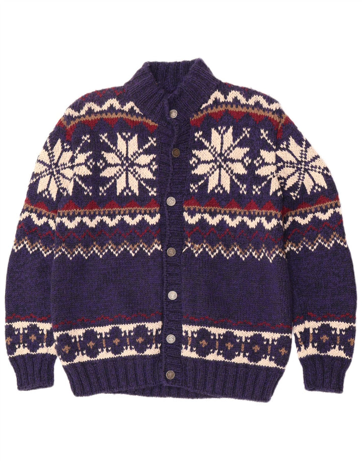 Vintage hombres Cardigan suéter medio azul Fair Isle