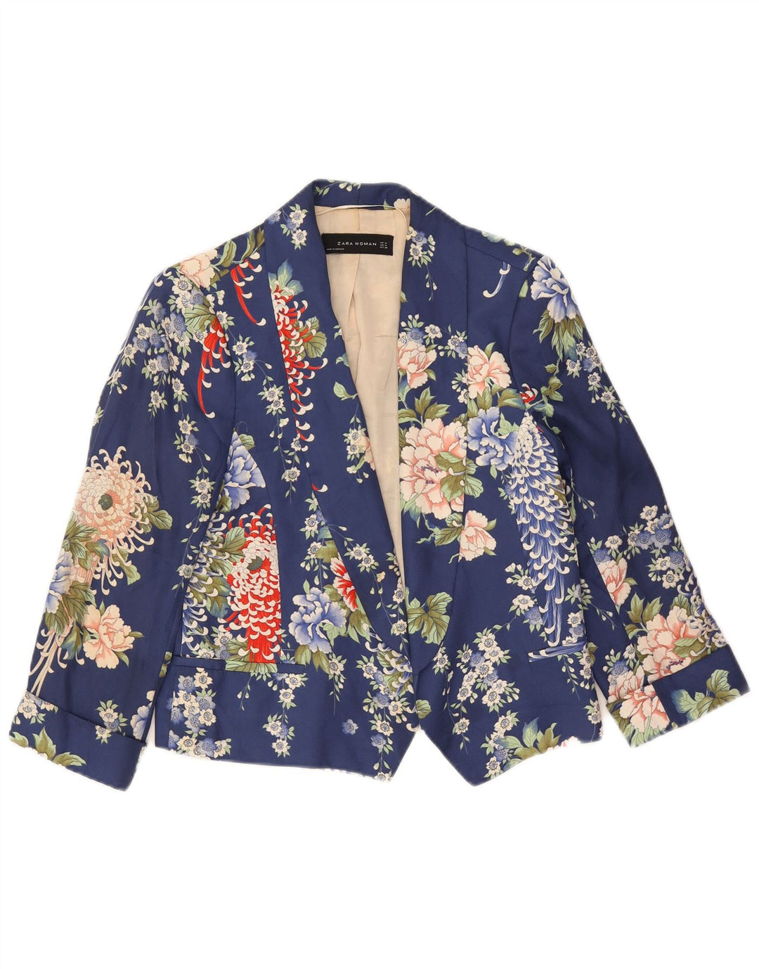 Zara Chaqueta tipo blazer corta con 1 botón para mujer, Reino Unido 44, talla mediana, azul marino, floral