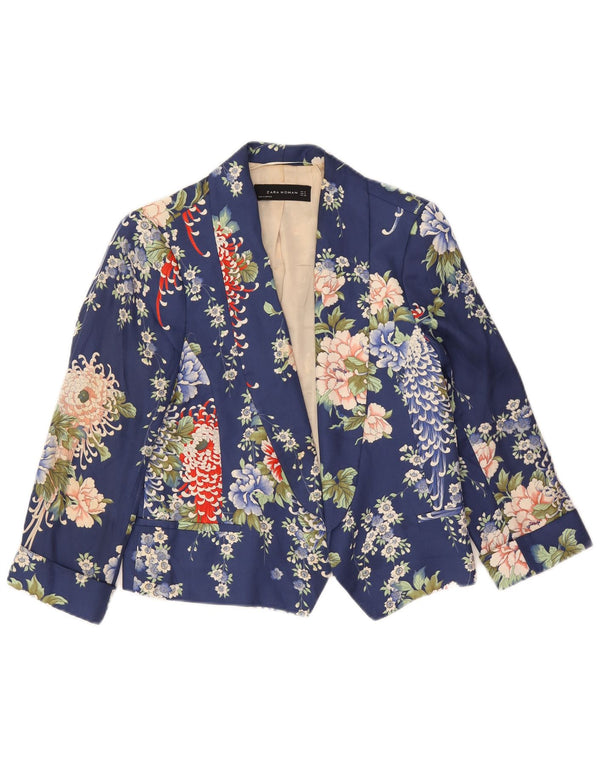 Zara Chaqueta tipo blazer corta con 1 botón para mujer, Reino Unido 44, talla mediana, azul marino, floral