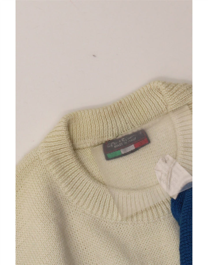Vintage hombres cuello redondo jersey suéter grande azul colorblock lana