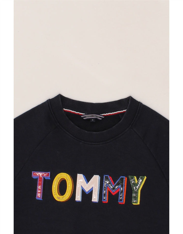 TOMMY HILFIGER Womens Graphic Sweatshirt Jumper UK 14 Medium Navy Blue Vintage Tommy Hilfiger and Second-Hand Tommy Hilfiger from Messina Hembry 