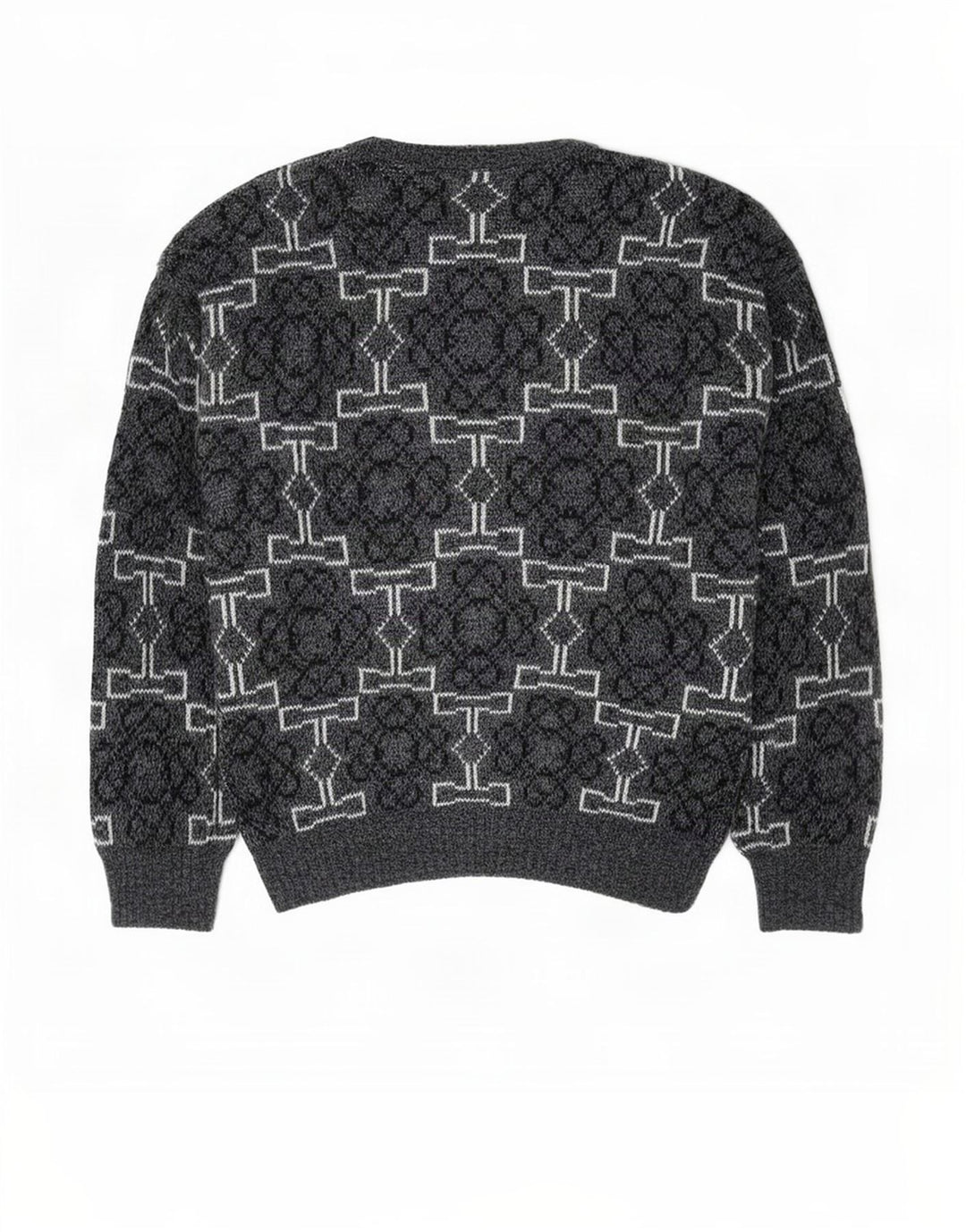 Vintage hombres cuello redondo jersey suéter medio gris geométrico