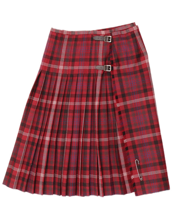 Falda envolvente plisada vintage para mujer W30 Lana de cuadros rojos medianos