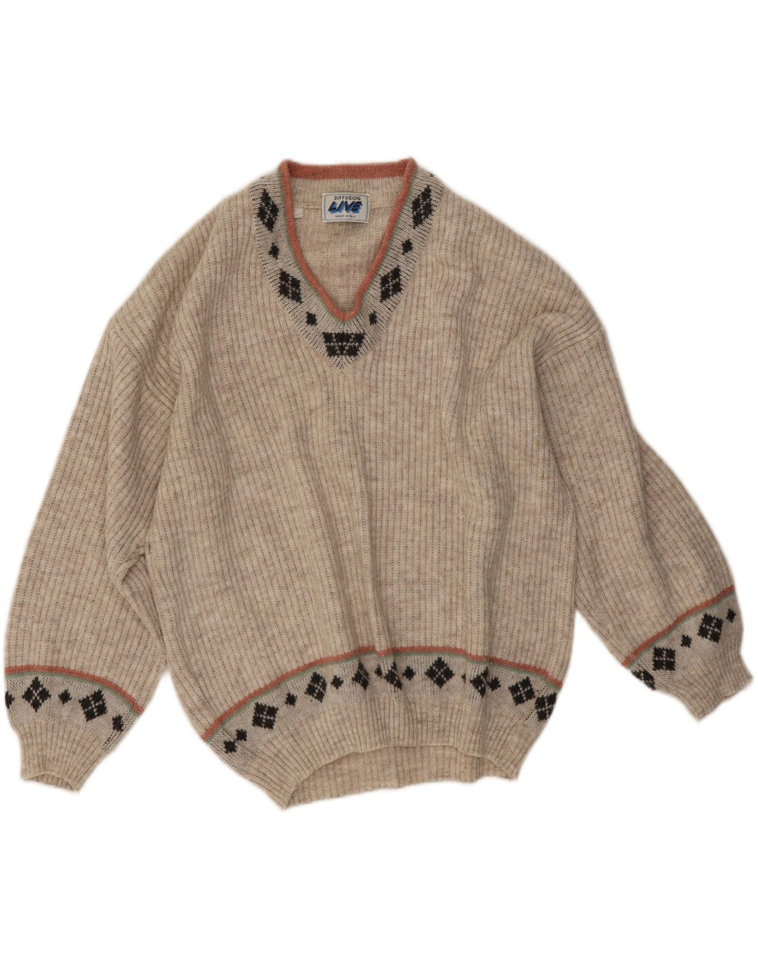Vintage hombres V-cuello jumper suéter medio beige geométrico