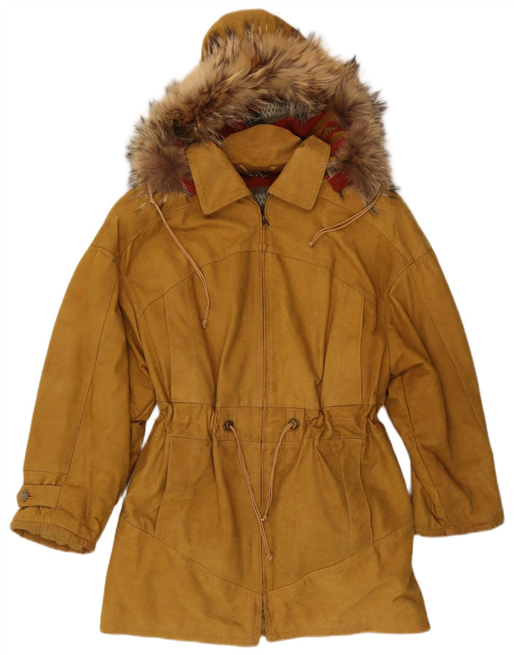 Vintage mujer con capucha ante Parka chaqueta IT 46 cuero beige grande