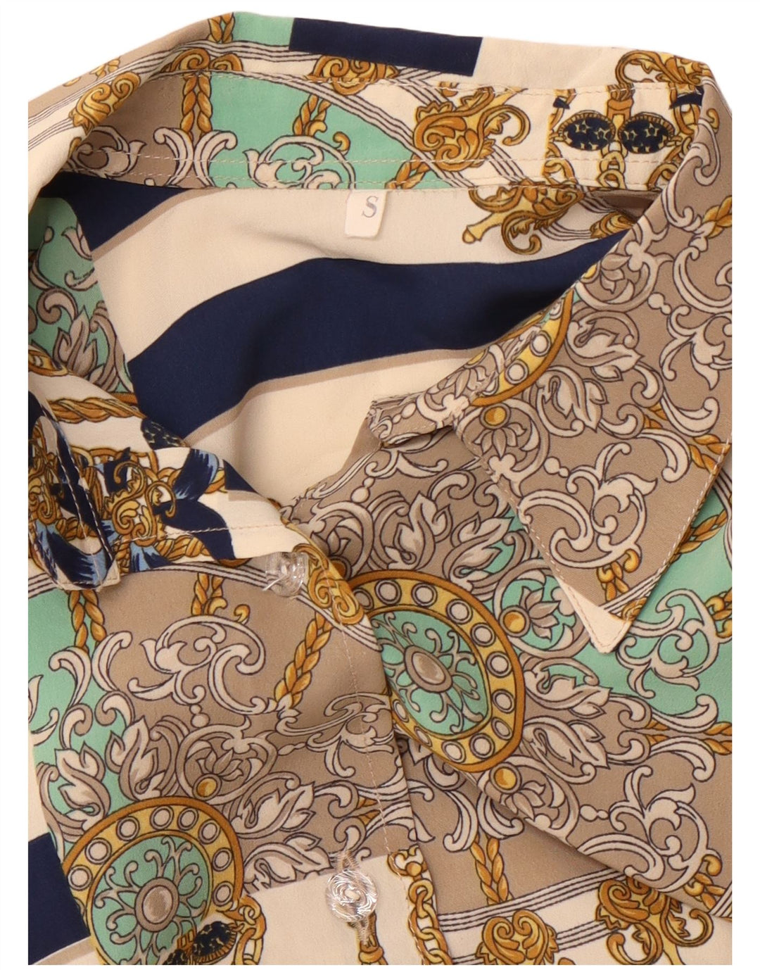 Vintage mujer patrón abstracto camisa de gran tamaño blusa Reino Unido 10 pequeño beige