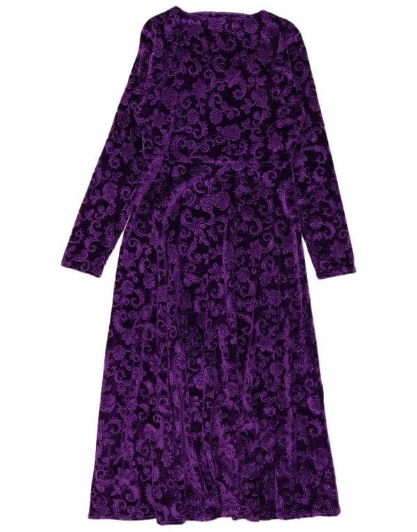 Vintage mujer terciopelo Maxi vestido Reino Unido 14 poliéster floral púrpura grande