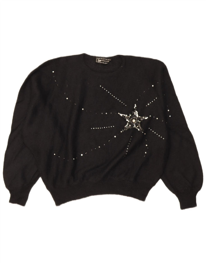 Vintage mujeres de gran tamaño crop crew cuello jumper suéter IT 46 grande negro