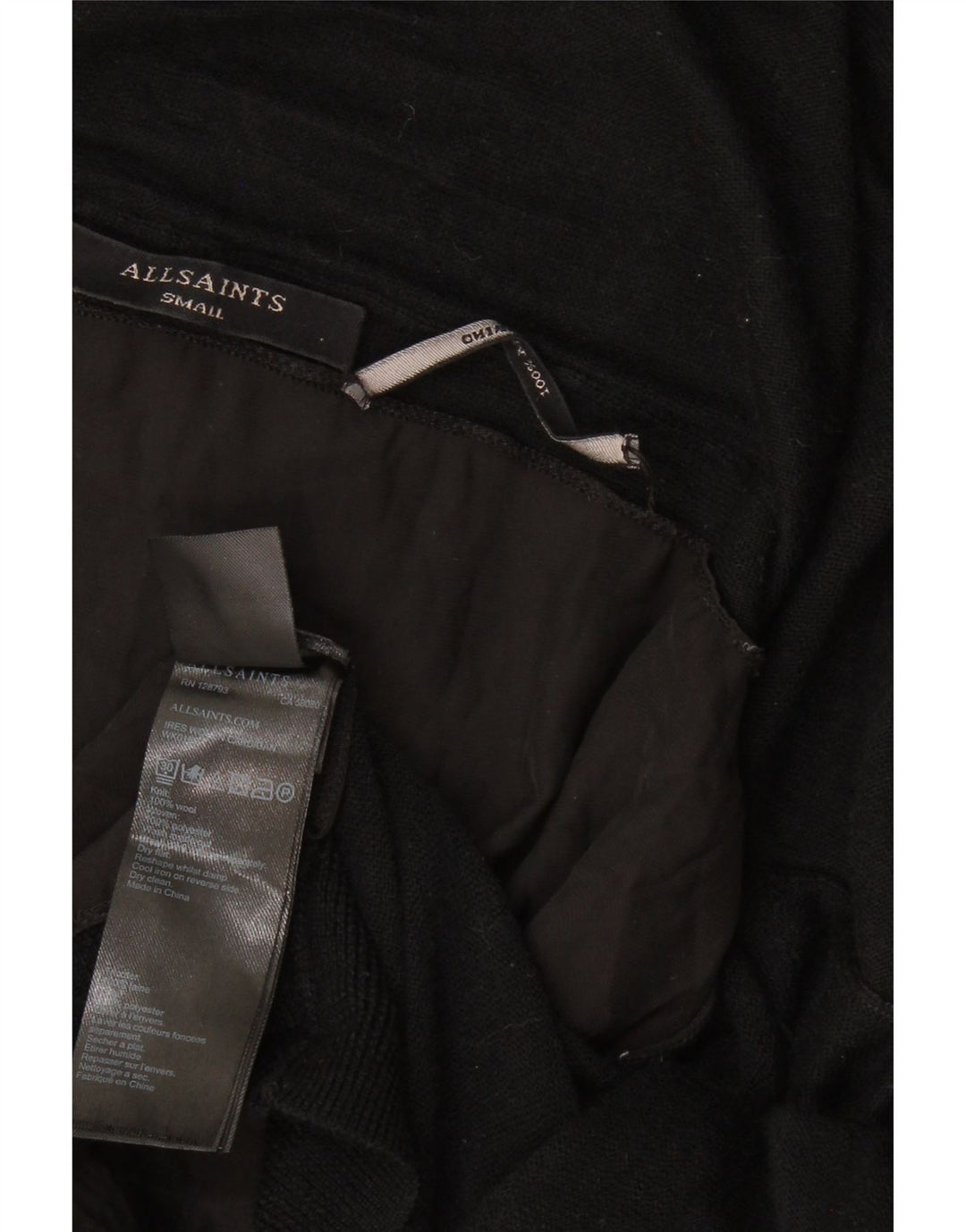 ALL SAINTS Suéter tipo cárdigan abierto asimétrico para mujer UK 10 Small Lana negra