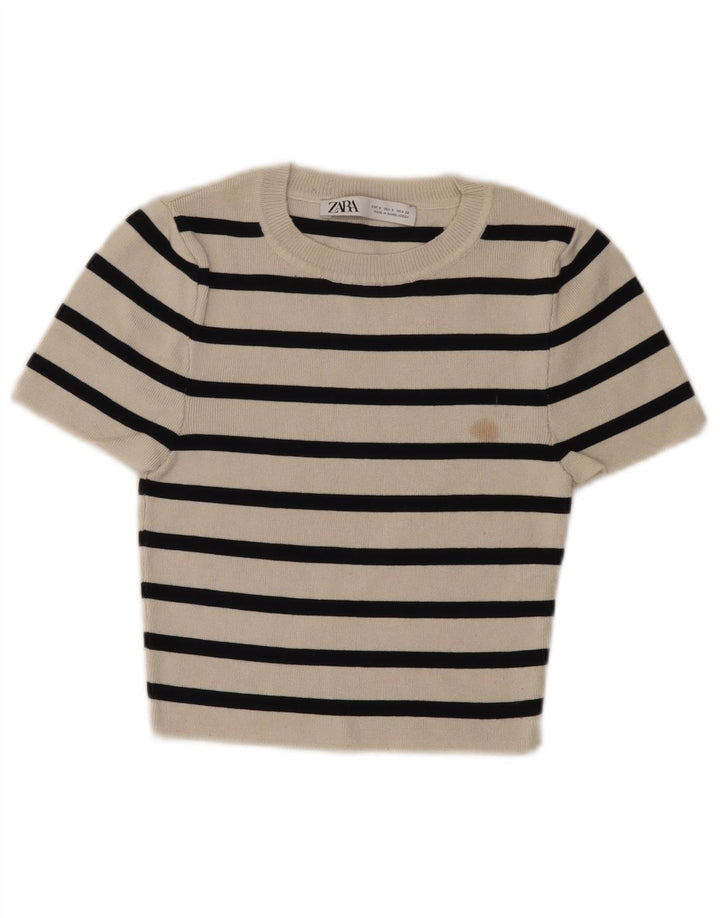 Zara Mujer Crop Top UK 8 Small Viscosa De Rayas Blancas