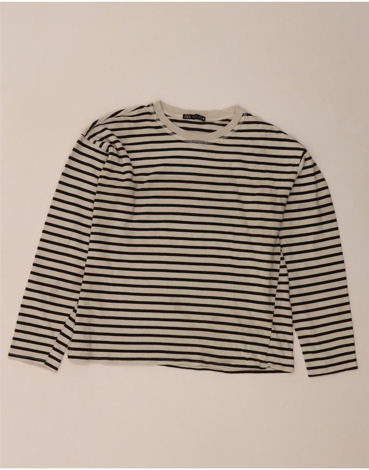 Zara Mujer Top Manga Larga UK 10 Small Blanco Rayas