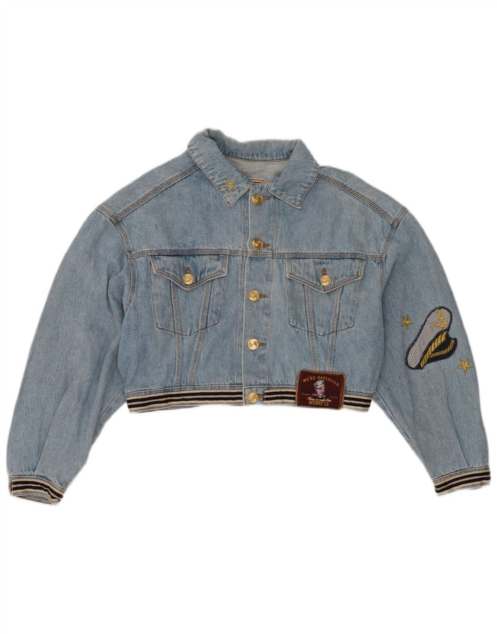 Vintage mujer gráfico crop denim chaqueta Reino Unido 14 algodón azul medio