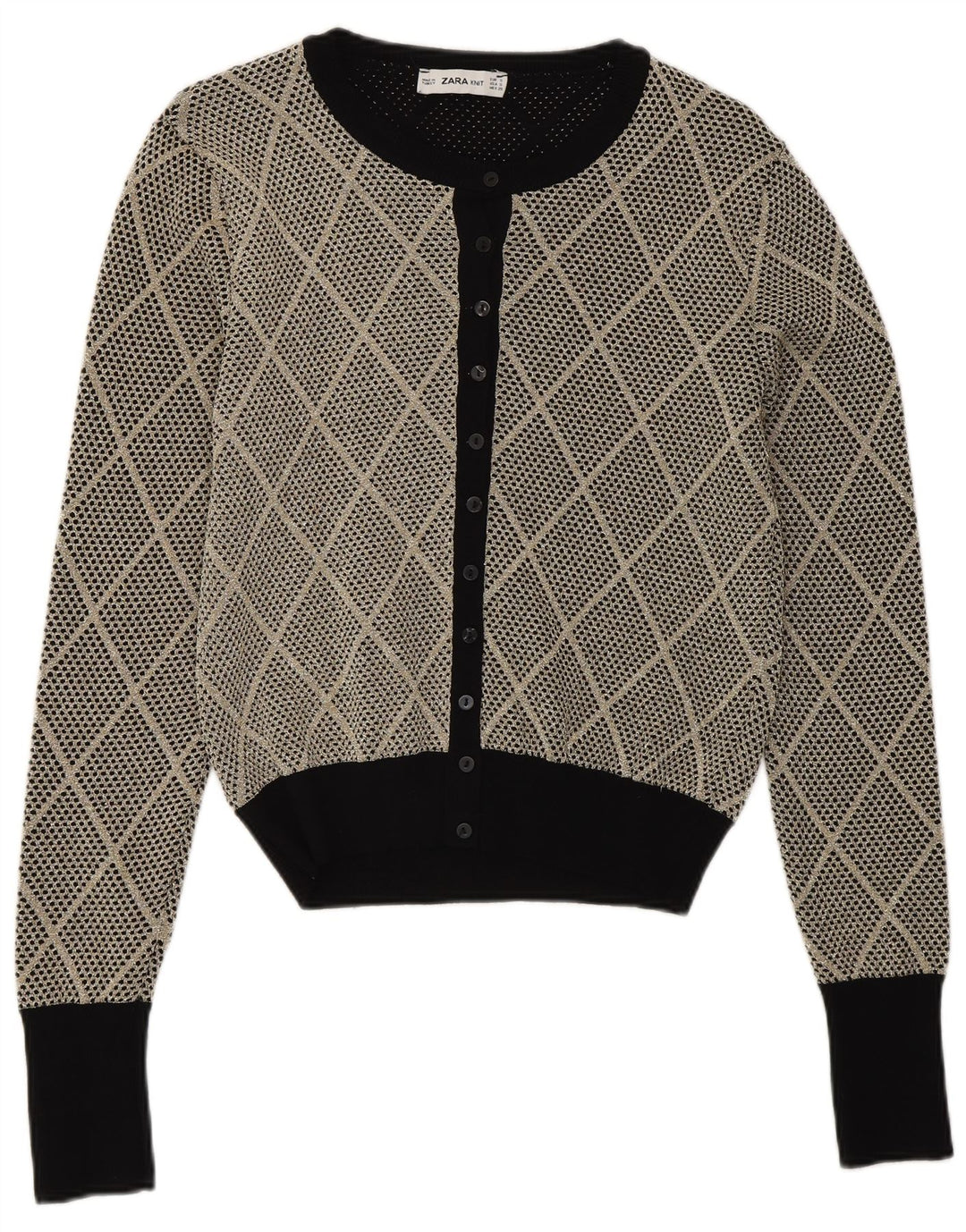 Zara Mujer Cárdigan Suéter UK 10 Small Gris Argyle/Diamond Viscosa