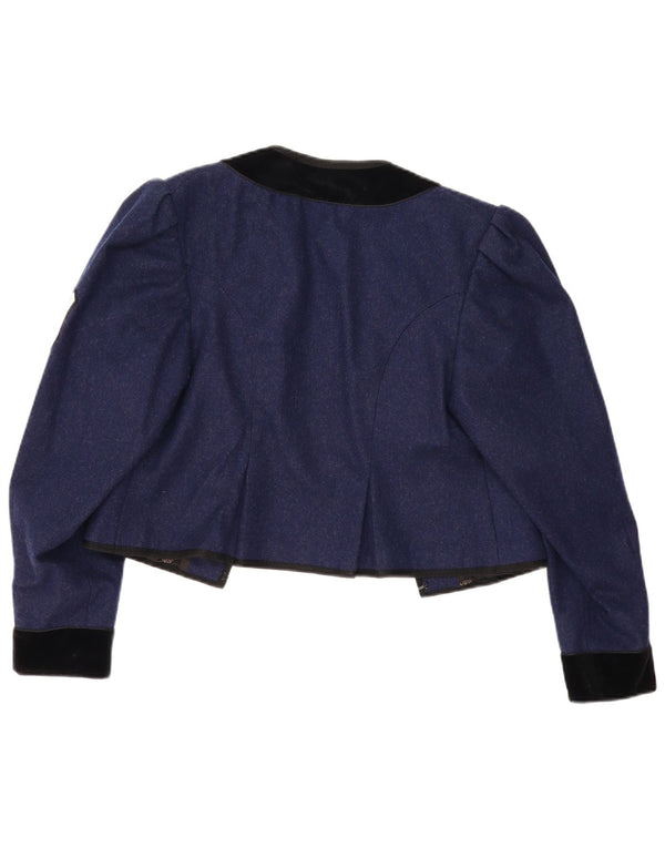 Vintage mujeres Trachten Crop Open Blazer Chaqueta Reino Unido 12 Azul Marino Medio