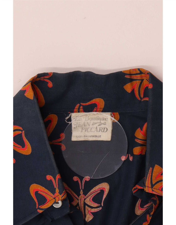 Camisa vintage para hombre con estampado abstracto, mariposa grande de algodón azul marino