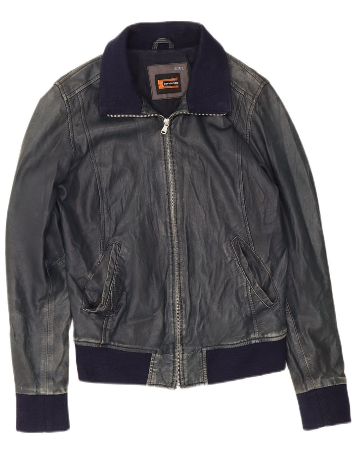 Chaqueta de cuero bombardero para mujer censurada Reino Unido 14 Cuero azul marino grande
