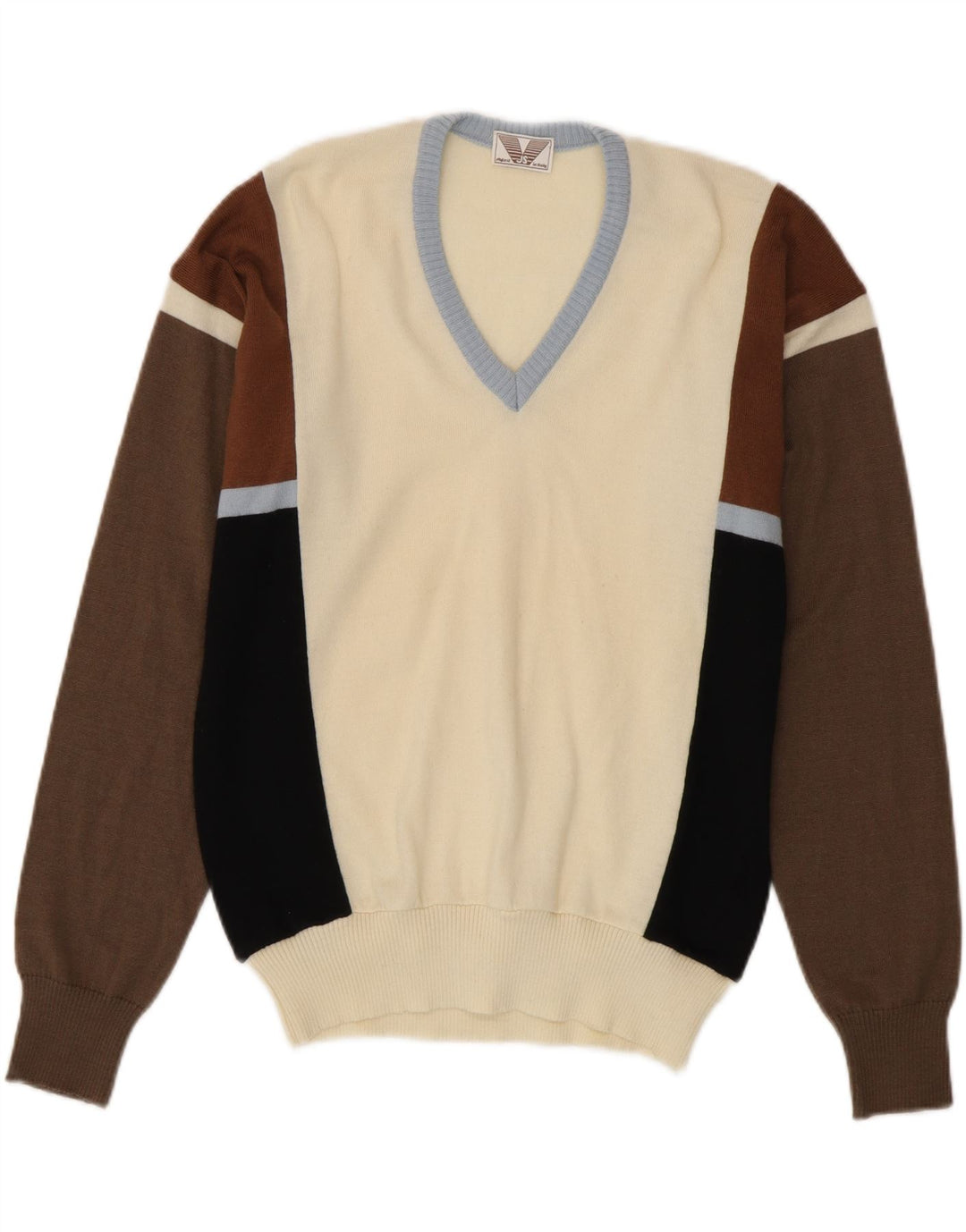 VINTAGE Suéter tipo jersey con cuello en V para hombre IT 50 Bloque de color multicolor medio