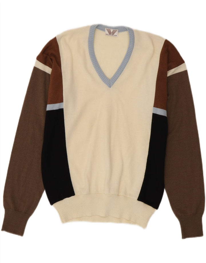 VINTAGE Suéter tipo jersey con cuello en V para hombre IT 50 Bloque de color multicolor medio